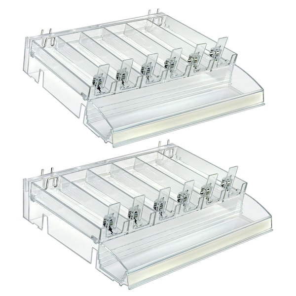 Clear 6 Compartment Divider Bin Cosmetic Tray with Tester Tray on Front and with Pushers, 2-Pack